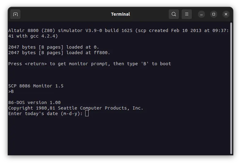 86DOS emulator with 86-DOS started screenshot