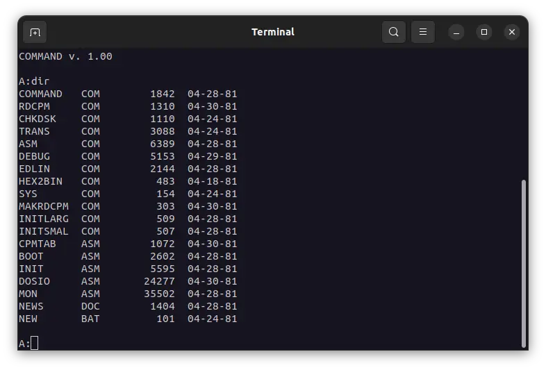DIR command running in 86-DOS
