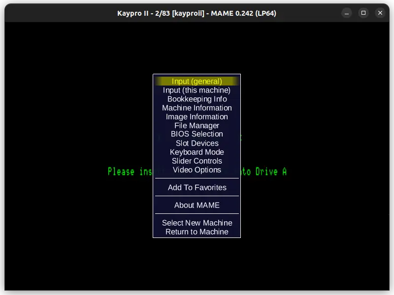 Emulator main menu