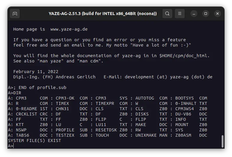 List of Files in YAZE CP/M-80 2.2
