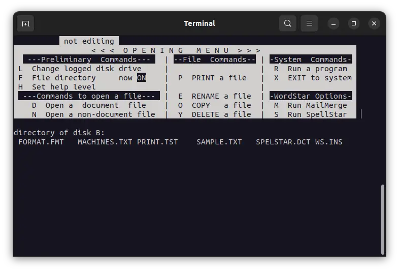 WordStar 3.3 running on CP/M-80 2.2 on Altair Z80 emulator